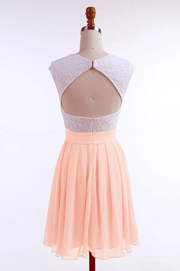 A-line Cap Sleeves Short Pearl Pink Chiffon Homecoming Dress with Lace PD092