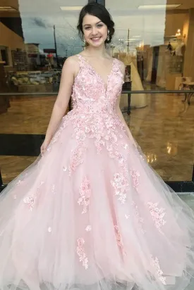 A-Line Deep V-Neck Sweep Train Pink Tulle Open Back Prom Dress with Appliques PG880