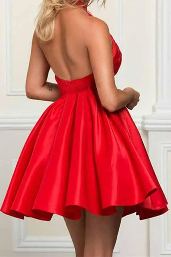 A-line Halter Sleeveless Short Red Satin Homecoming Dress with Lace  PD050