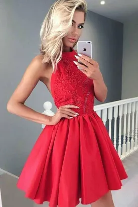 A-line Halter Sleeveless Short Red Satin Homecoming Dress with Lace  PD050