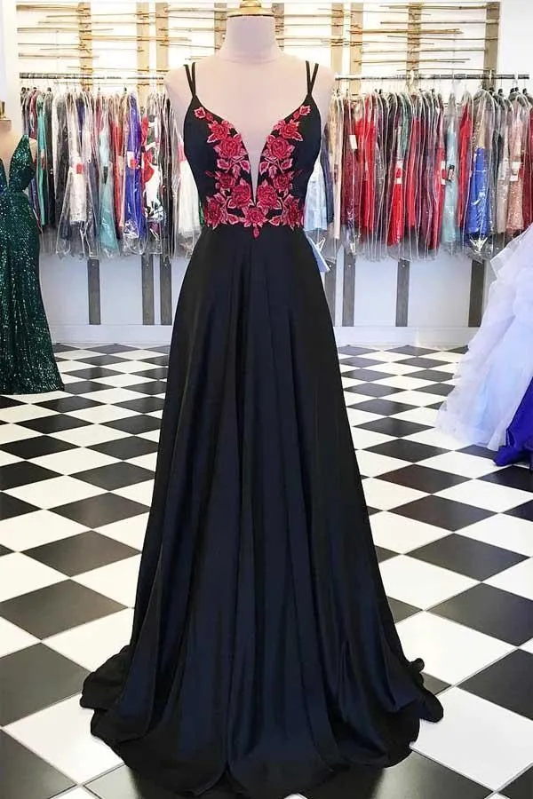 A-line Satin Spaghetti Straps Floral Appliques Black Long Prom Dress PG863