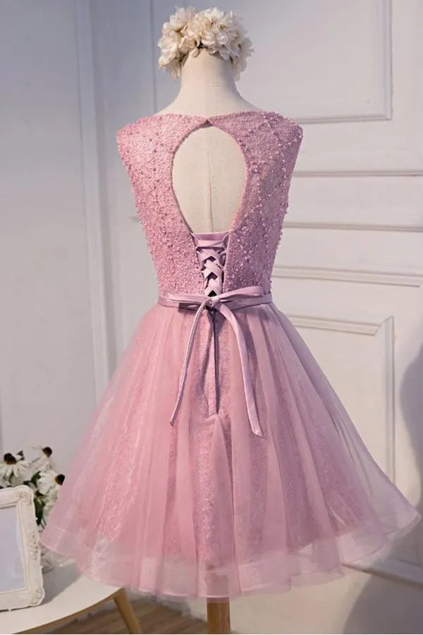 A-line Scoop Neck Short Tulle Homecoming Dress With Beading PG135