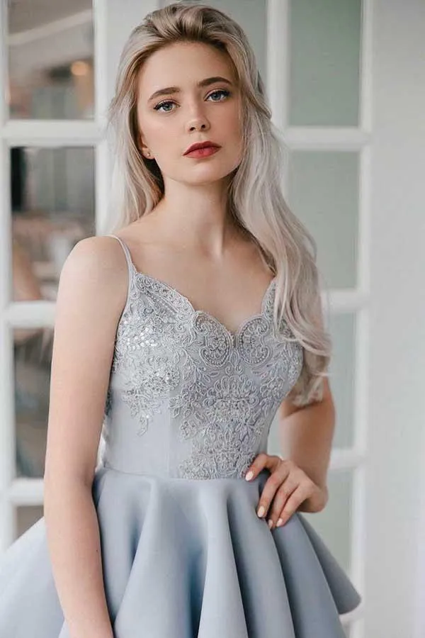 A-Line Spaghetti Straps Grey Satin Homecoming Dress with Appliques  PD027