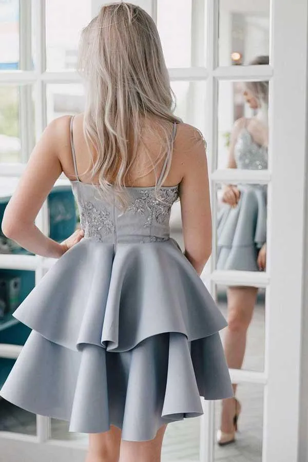 A-Line Spaghetti Straps Grey Satin Homecoming Dress with Appliques  PD027