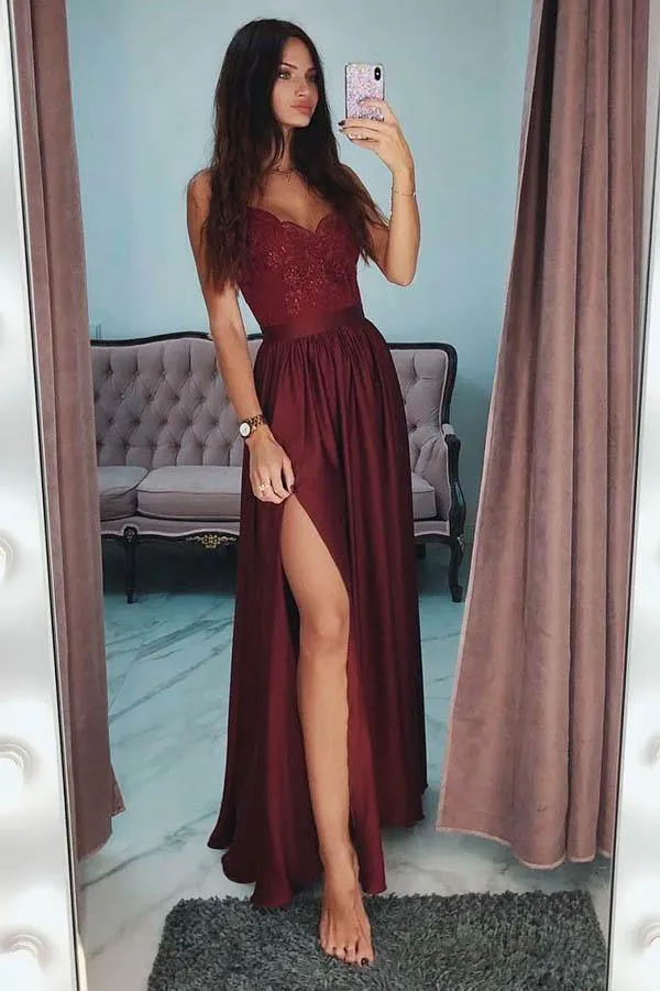 A-Line Spaghetti Straps Long Gray Prom Party Dress with Lace Sequins PSK029