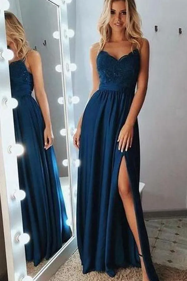 A-Line Spaghetti Straps Long Gray Prom Party Dress with Lace Sequins PSK029