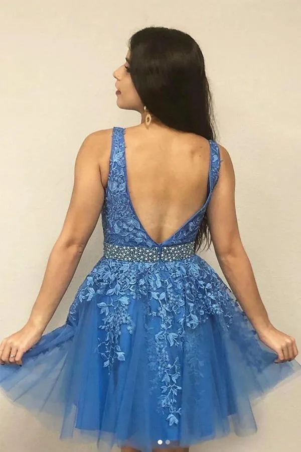 A Line V Neck Blue Short Prom Dress Homecoming Dress with Appliques PD423