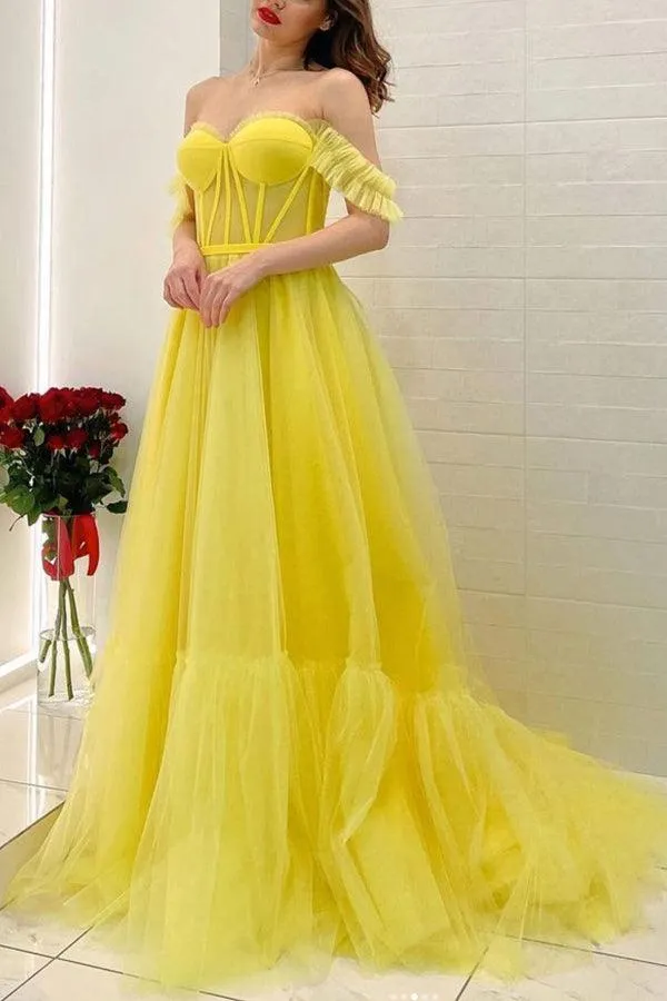 A-line Yellow Off The Shoulder Tulle Long Prom Dress Evening Dress PSK294