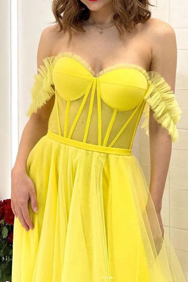 A-line Yellow Off The Shoulder Tulle Long Prom Dress Evening Dress PSK294