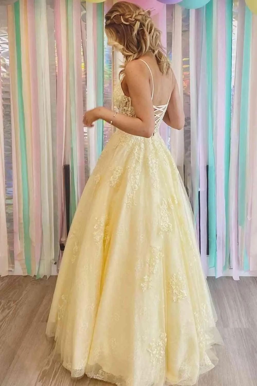 A-line Yellow V-Neck Appliques  Long Prom Dress Formal Dress  PSK318