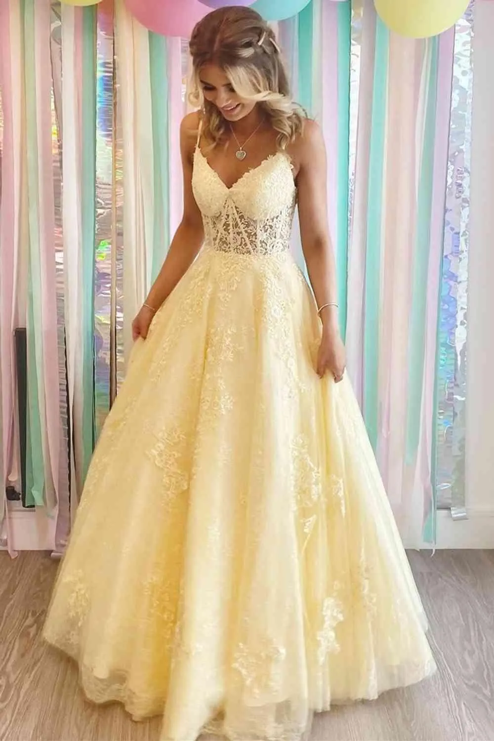 A-line Yellow V-Neck Appliques  Long Prom Dress Formal Dress  PSK318