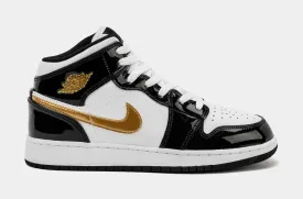 Air Jordan 1 Mid Patent Black Gold SE Grade School Lifestyle Shoes (Black/White/Metallic Gold)