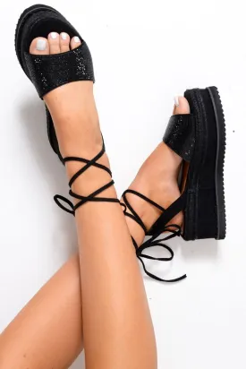 Black Diamante Lace Up Flatform Sandals - Abryella