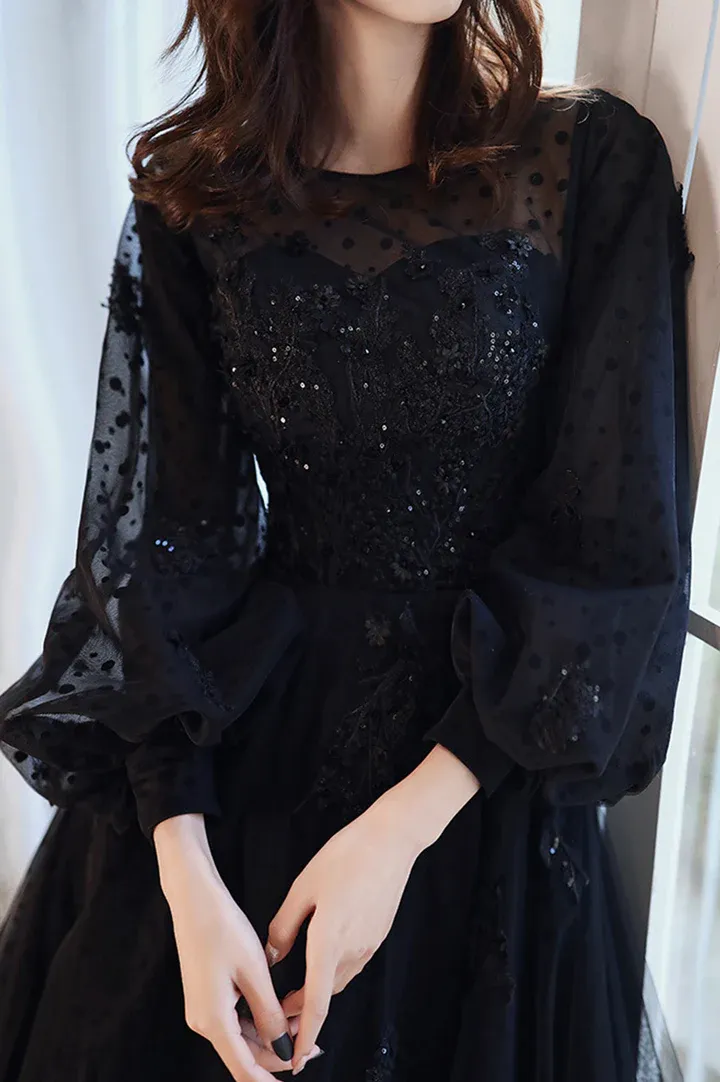 Black Puffy Sleeves Tulle with Lace Long Evening Dress, A-line Back Long Formal Dress