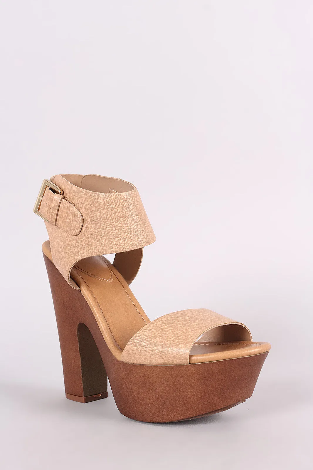 Breckelle Open Toe Faux Wooden Platform Chunky Heel