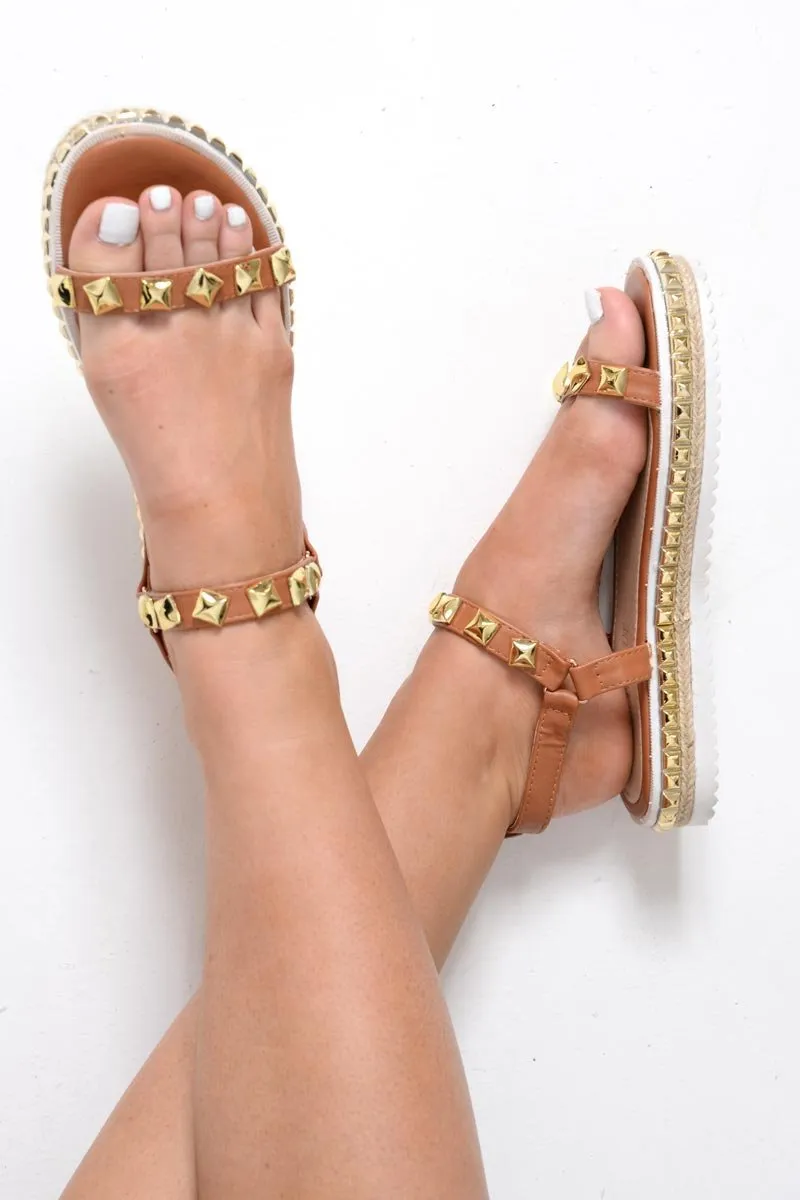 Brown PU Gold Studded Sandals - Leeah