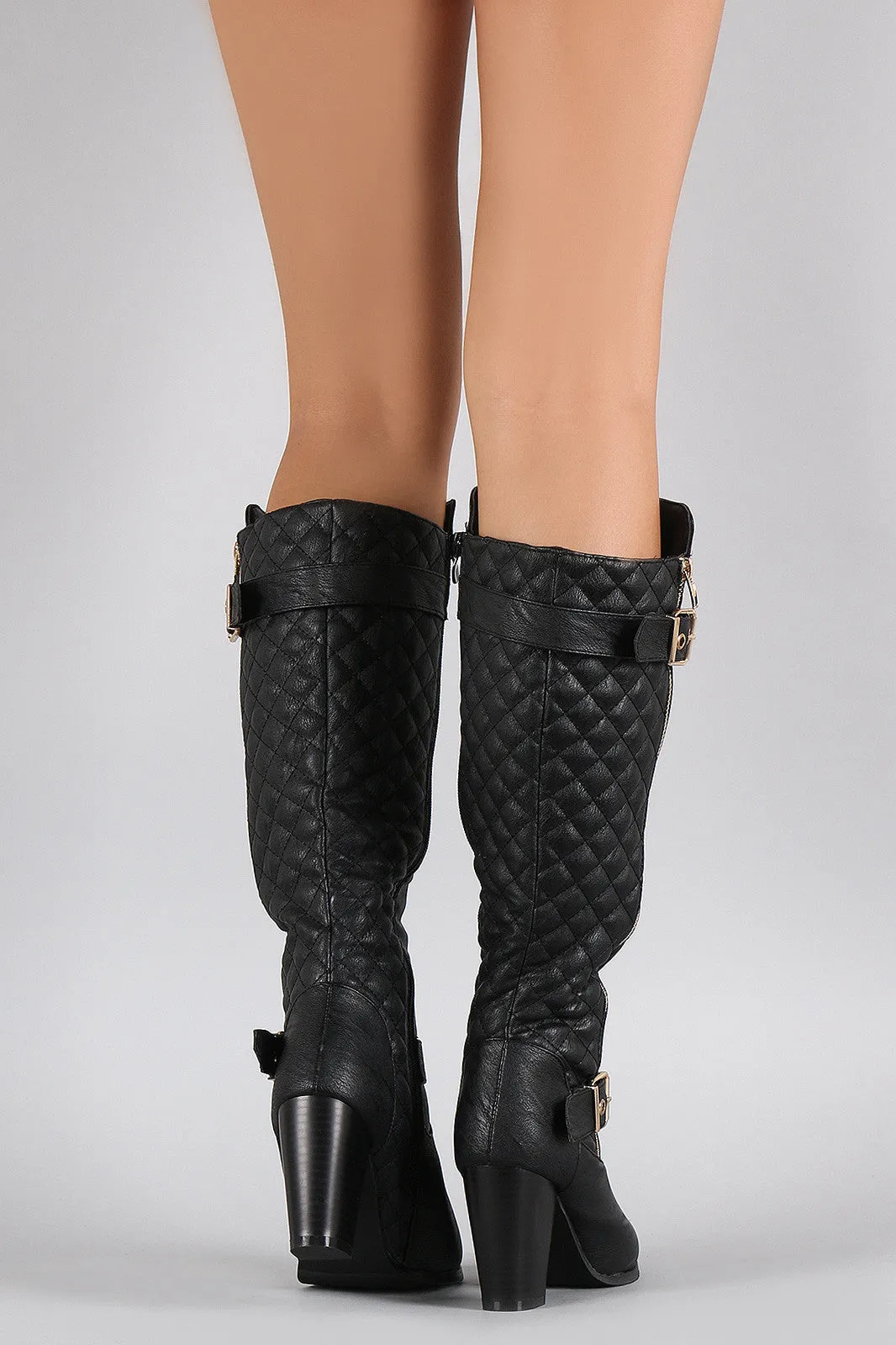 Buckled Quilted Zip Up Round Toe Heeled Knee High Boots