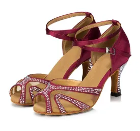 Burgundy Satin Diamante Ballroom Dance Shoes Latin Salsa Dance Shoes