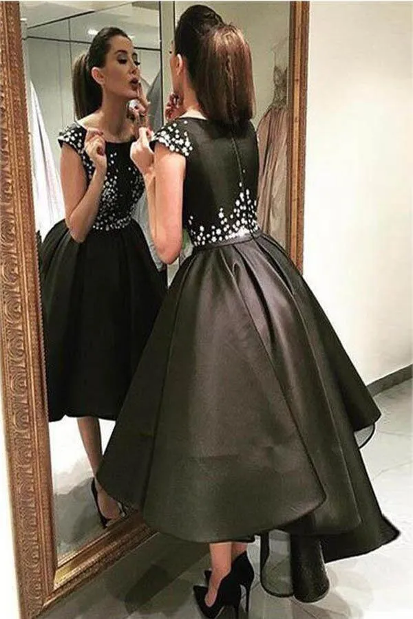 Chic Modern Sparking Beading High Low Black Organza Homecoming Dress PG178