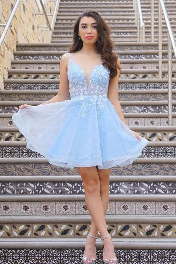 Cute V Neck Light Blue Lace Floral Short Prom Homecoming Dresses PD439