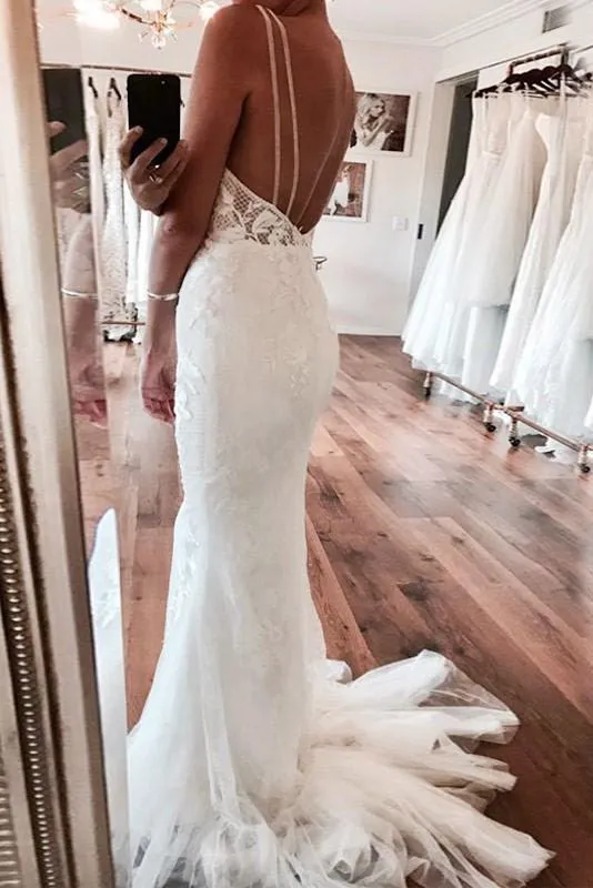 Deep V-Neck Mermaid Ivory Backless Lace Wedding Dress  WD606