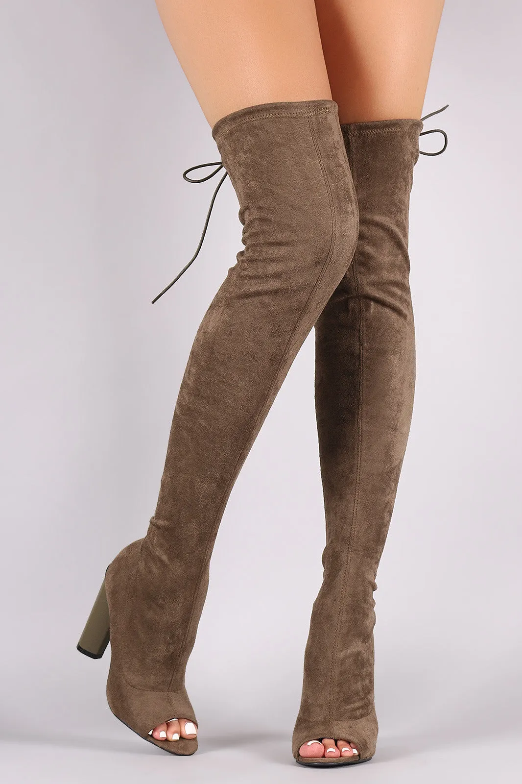 Drawstring Collar Heeled Over-The-Knee Fitted Suede Boots