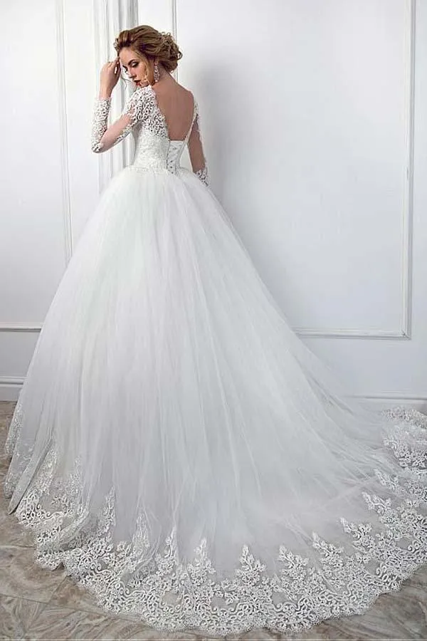 Elegant Bateau Neckline Ball Gown Wedding Dress With Lace Appliques WD193