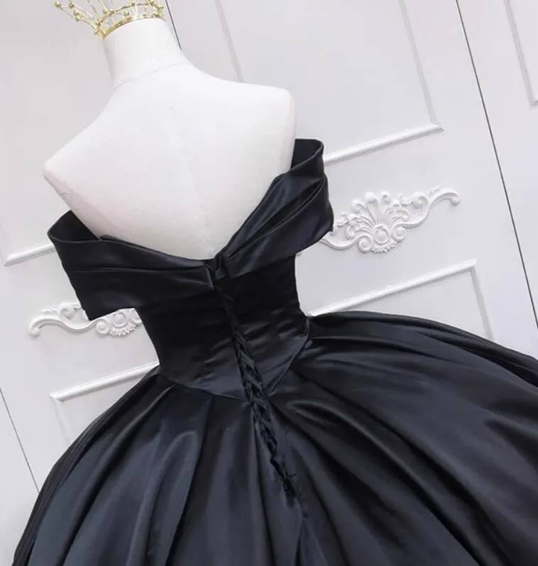 Glam Black Satin Ball Gown Off Shoulder Formal Dress, Black Evening Dress Prom Dress