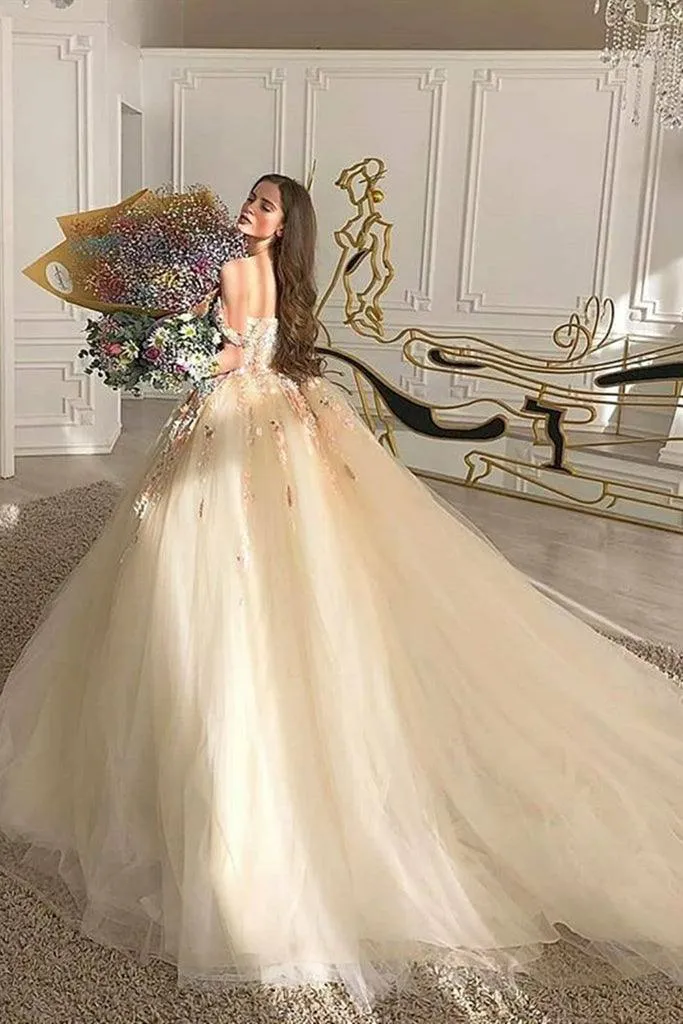 Gorgeous Off Shoulder Champagne Lace Floral Prom Dress Forml Dress PSK289