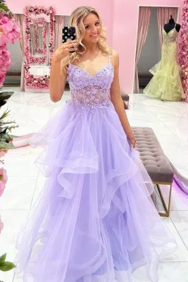 Gorgeous V Neck Beaded Purple Lace Floral Long Prom Dresses  PSK354