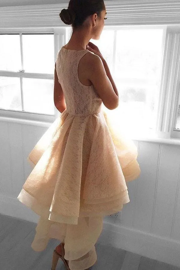 High Low Peach Lace Short Homecoming Dress Party Dresses  PG142