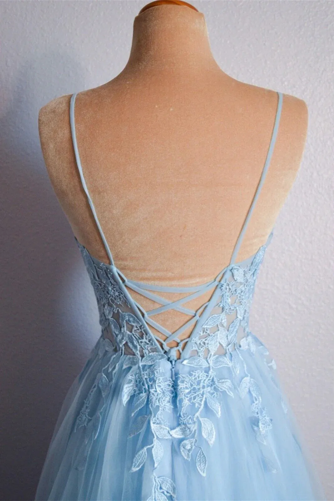 Light Blue V Neck Lace-Up Appliques Tulle Long Prom Dress Evening Dress  PSK439