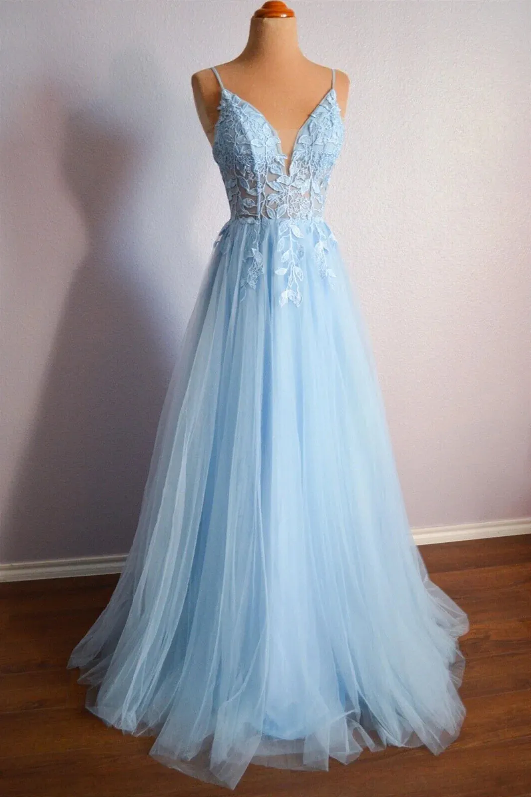 Light Blue V Neck Lace-Up Appliques Tulle Long Prom Dress Evening Dress  PSK439