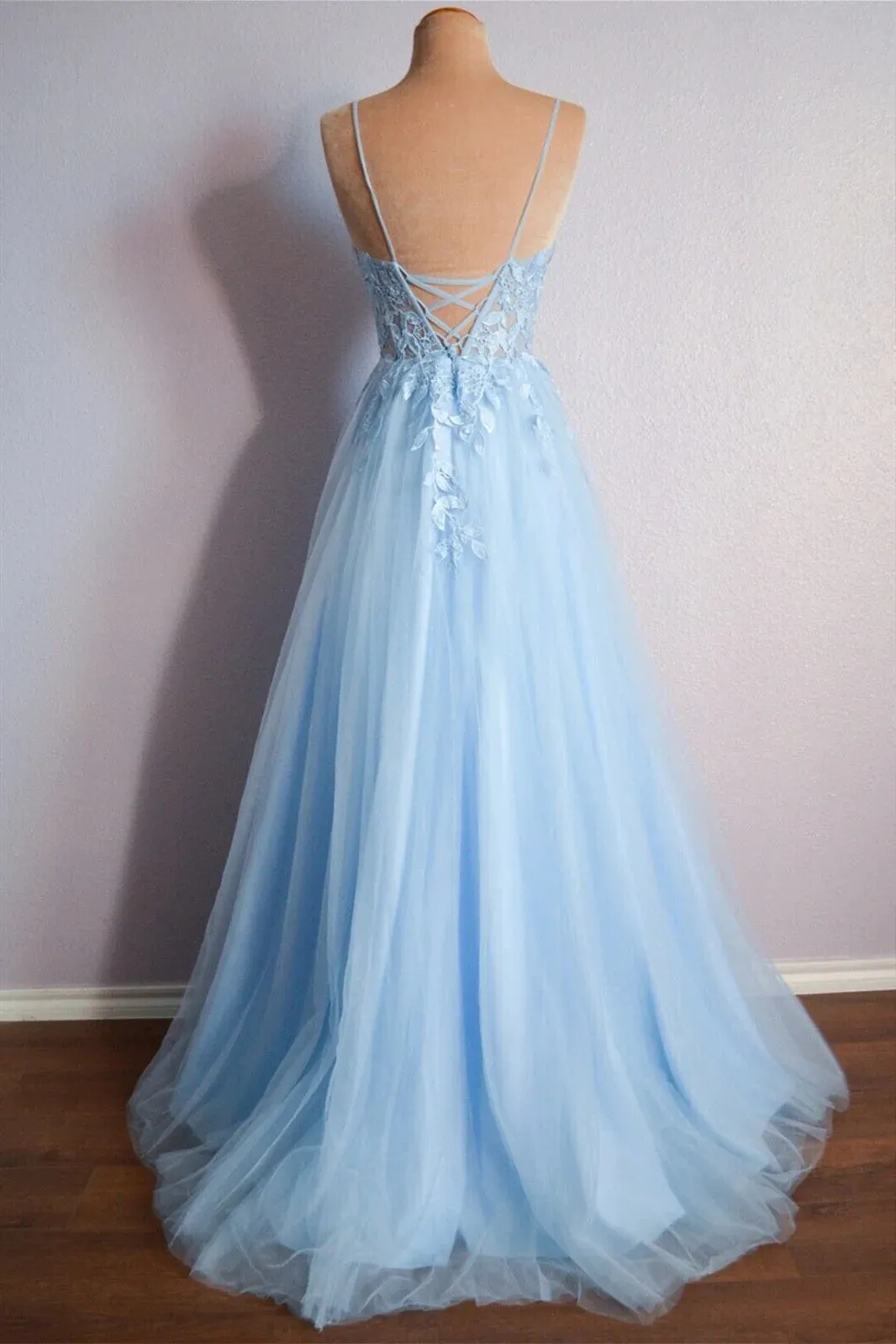 Light Blue V Neck Lace-Up Appliques Tulle Long Prom Dress Evening Dress  PSK439