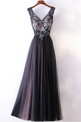 Long Prom Dresses Straps V-neck A-line Embroidery Sexy Gray Prom Dress  PG554