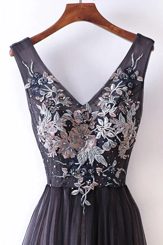 Long Prom Dresses Straps V-neck A-line Embroidery Sexy Gray Prom Dress  PG554