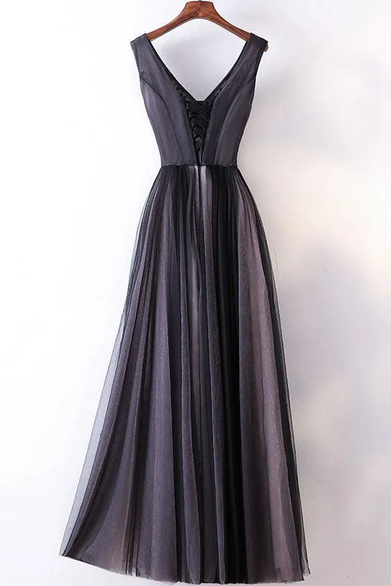 Long Prom Dresses Straps V-neck A-line Embroidery Sexy Gray Prom Dress  PG554