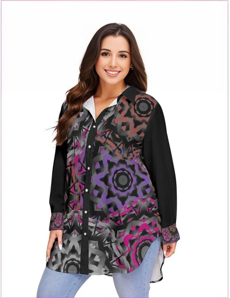 Mandala Graffiti Womens Button-up Shirt With Long Sleeve(Plus Size)