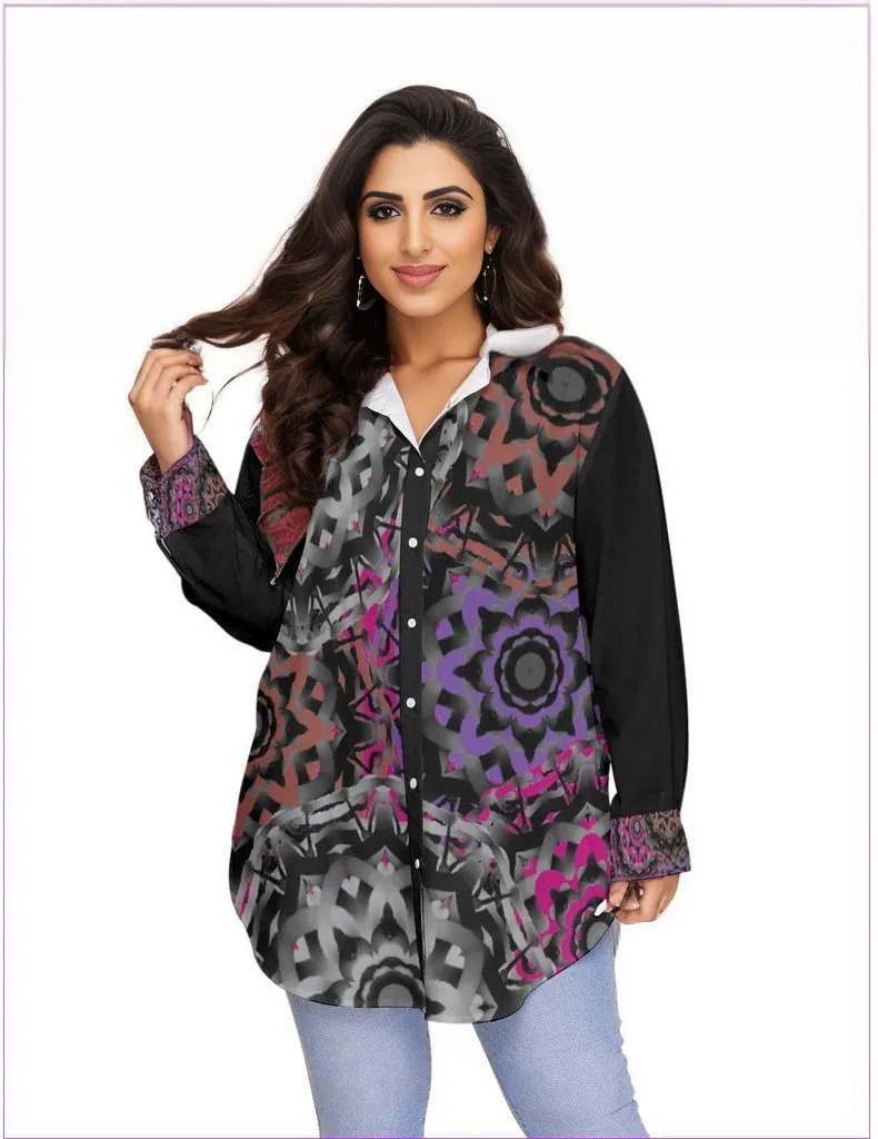 Mandala Graffiti Womens Button-up Shirt With Long Sleeve(Plus Size)