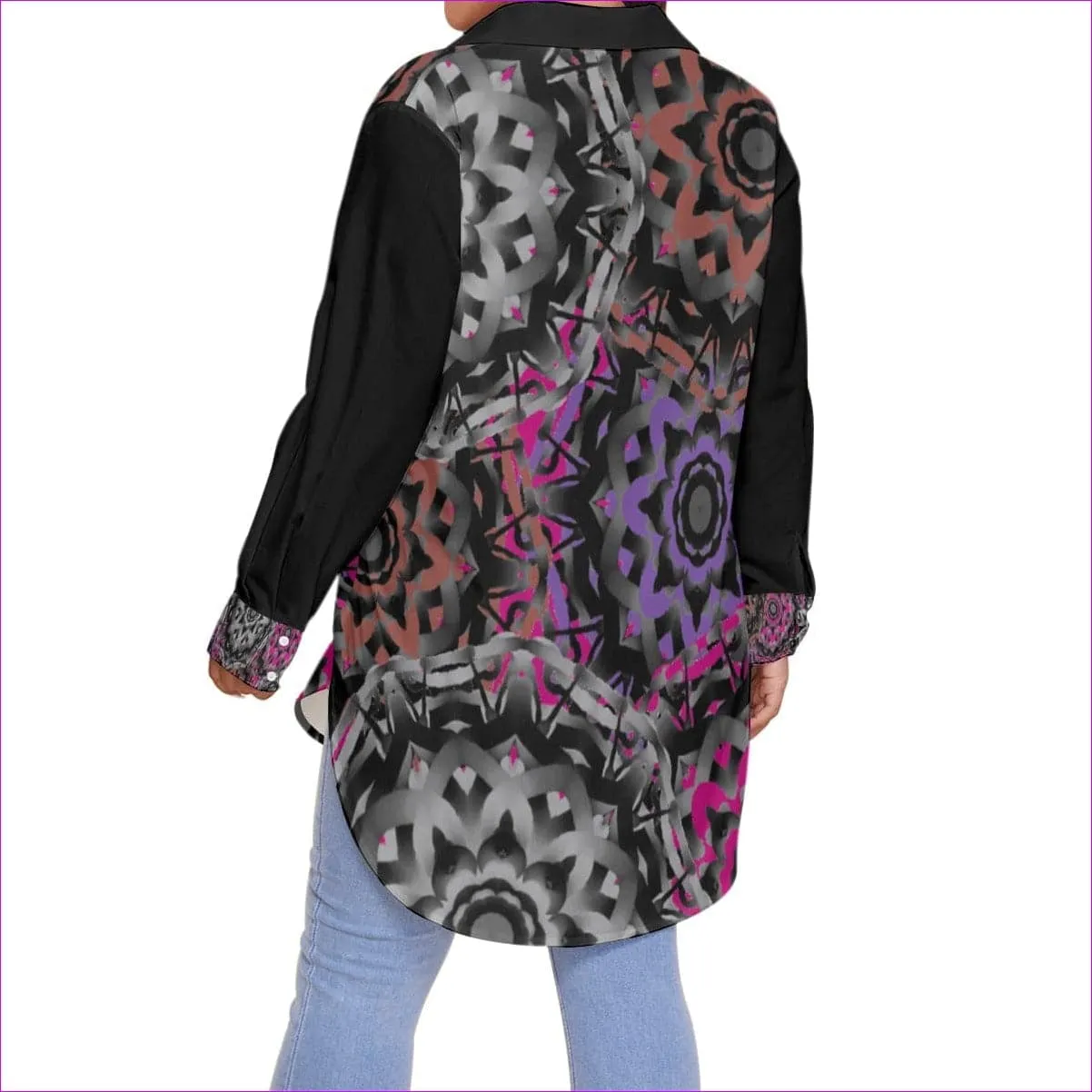 Mandala Graffiti Womens Button-up Shirt With Long Sleeve(Plus Size)