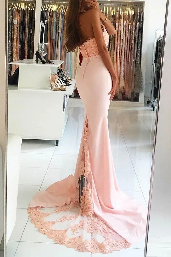 Mermaid High Neck Sweep Train Pink Satin Prom Dress with Beading Lace  PG426