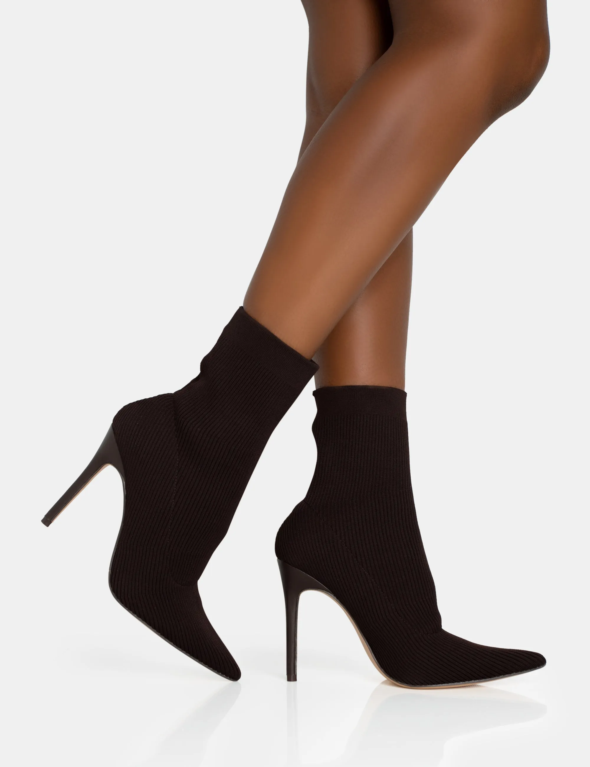 Mirival Chocolate Knitted Stiletto Sock Pointed Toe Ankle Boots