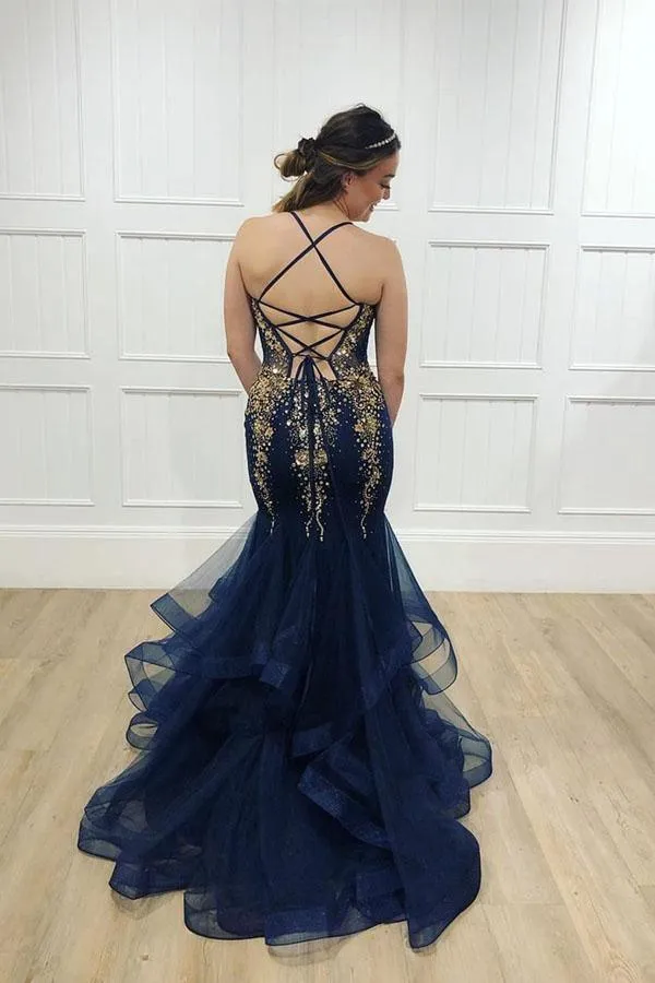 Navy Tulle Gold Beaded Spaghetti Straps Mermaid Prom Dress  PSK023