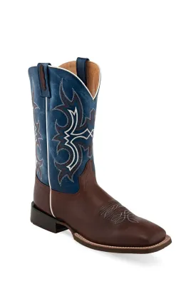 Old West Mens Broad Square Toe Dark Brown/Wipe Out Blue Leather Cowboy Boots