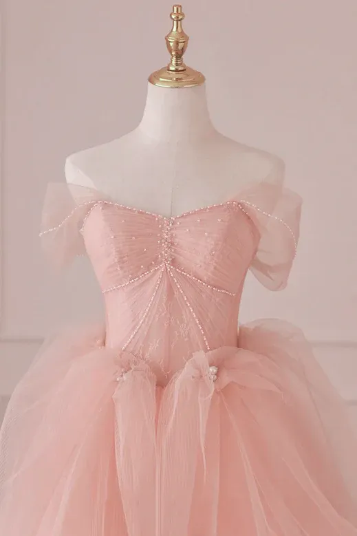 Pink Sweetheart Tulle Beaded Long Formal Dress, A-line Pink Evening Dress Prom Dress