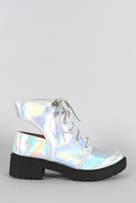 Qupid Hologram Round Toe Lace Up Cutout Booties