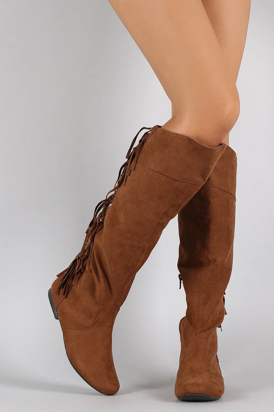 Qupid Suede Back Fringe Asymmetrical Round Toe Knee High Boot