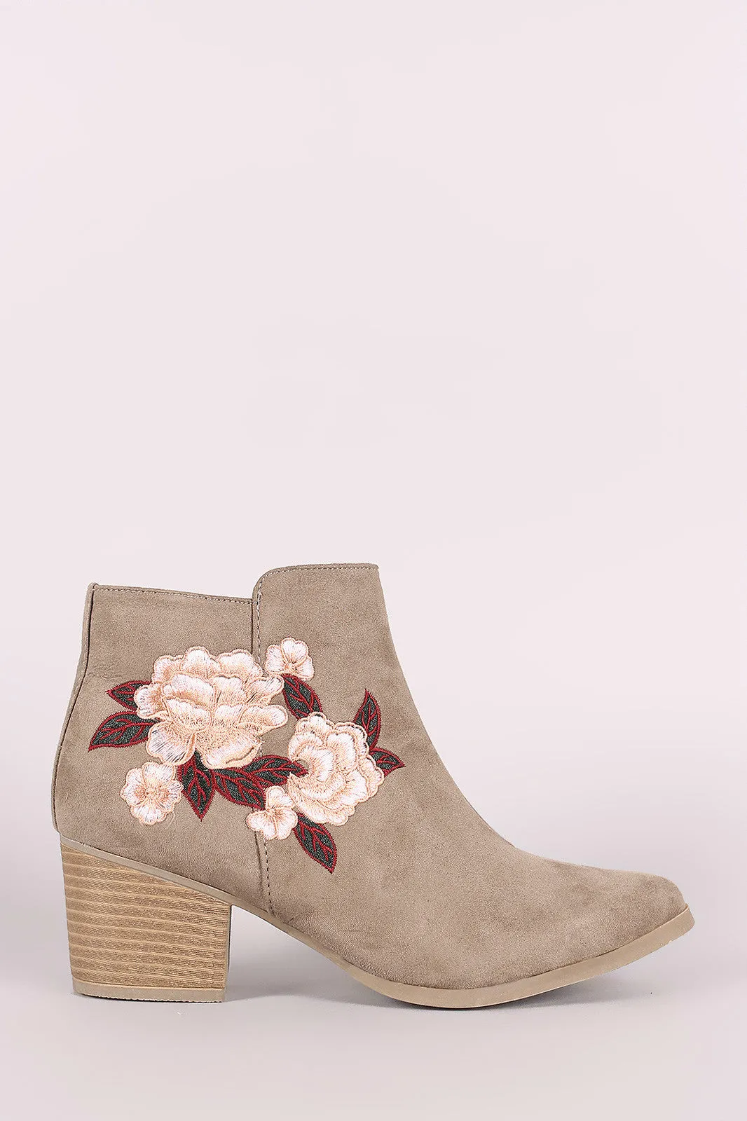 Qupid Suede Embroidery Floral Chunky Heeled Booties