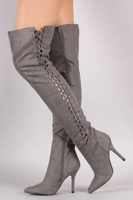 Qupid Suede Studded Lace Up Over-The-Knee Stiletto Boots