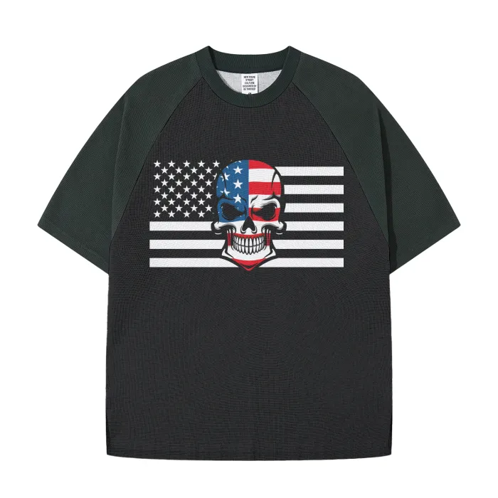 Skull Flag Heavyweight Color Block Loose-Fit Waffle Stitch Fabric T-Shirt